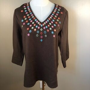 Choices Brown Linen Embellished 3/4 Sleeve Tunic Size S